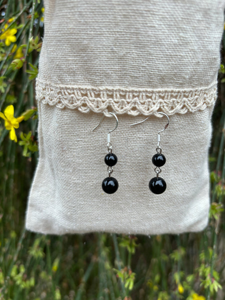 Boucles d'oreilles pendantes à 2 boules en Agate Noire naturelle, Made in France