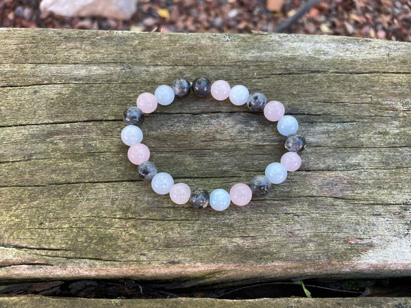 Bracelet élastique de Lithothérapie "Triple Protection" Labradorite, Aigue Marine et Quartz Rose
