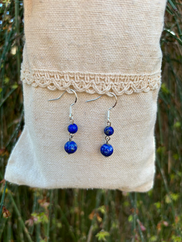 Boucles d'oreilles pendantes à 2 boules en Lapis Lazuli naturel, Made in France