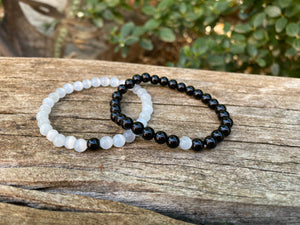Bracelets élastiques de distance, de couple en Sélénite et Onyx
