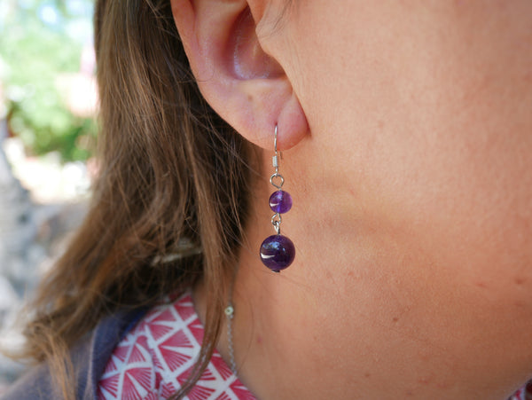 Boucles d'oreilles pendantes à 2 boules en Améthyste naturelle, Made in France