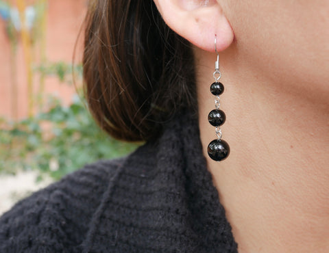 Boucles d'oreilles pendantes à 3 boules en Onyx naturelle, Made in France