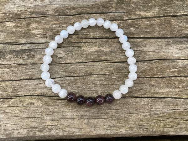 Bracelet élastique Lithothérapie en Pierre de Lune et Grenat