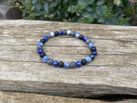 Bracelet élastique de Lithothérapie Multipierres Sodalite, Lapis Lazuli, Agate noire et Labradorite