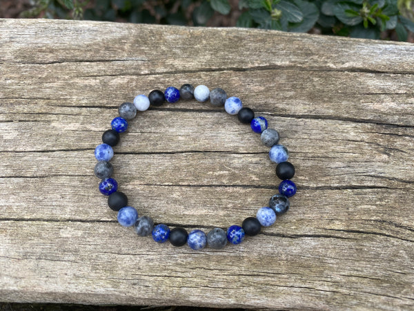 Bracelet élastique de Lithothérapie Multipierres Sodalite, Lapis Lazuli, Agate noire et Labradorite