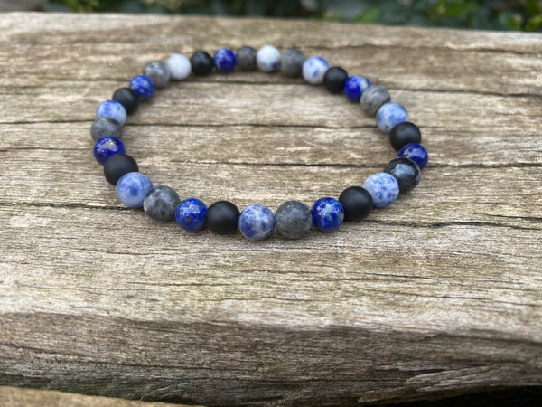 Bracelet élastique de Lithothérapie Multipierres Sodalite, Lapis Lazuli, Agate noire et Labradorite
