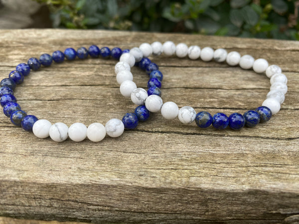 Bracelets élastiques de distance, de couple en Howlite blanche et Lapis Lazuli