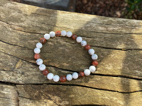 Bracelet élastique Lithothérapie en Howlite naturelle et Jaspe Rouge