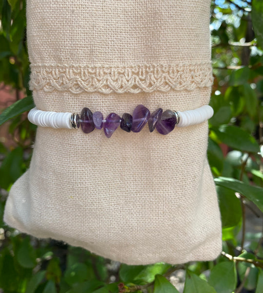 Bracelet élastique en Améthyste et perles Heishi
