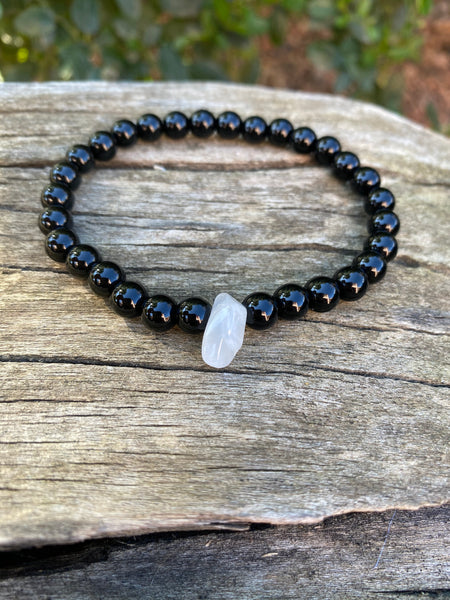 Bracelet élastique de lithothérapie en Onyx et Pierre de Lune