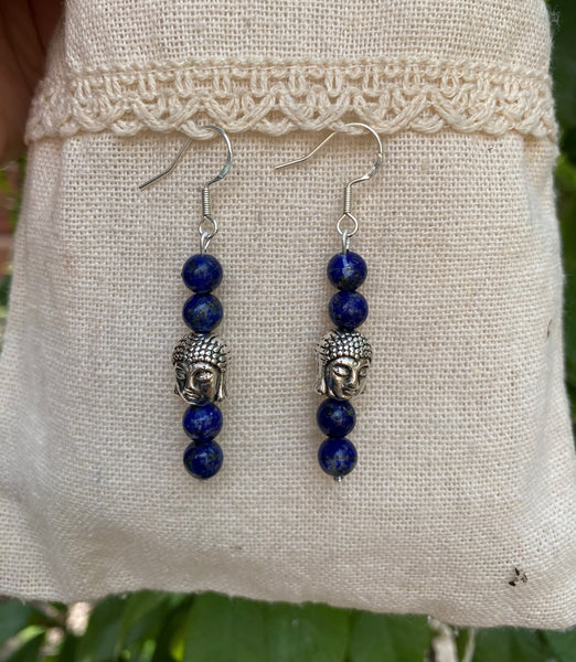 Boucles d'oreilles pendantes en Lapis Lazuli et tête de bouddha