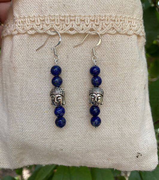 Boucles d'oreilles pendantes en Lapis Lazuli et tête de bouddha