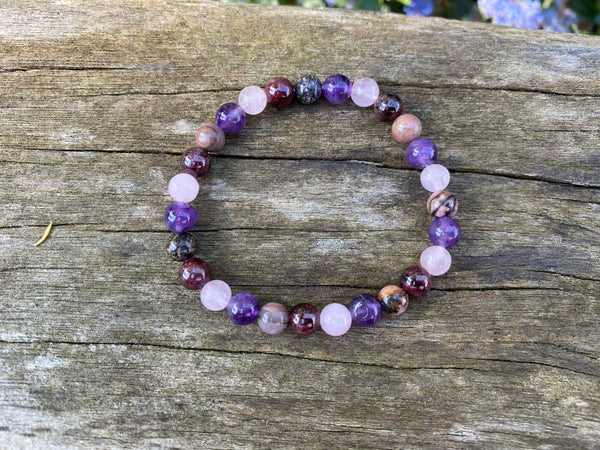 Bracelet élastique de Lithothérapie "Quatre protections" Quartz Rose, Grenat, Rhodonite Améthyste