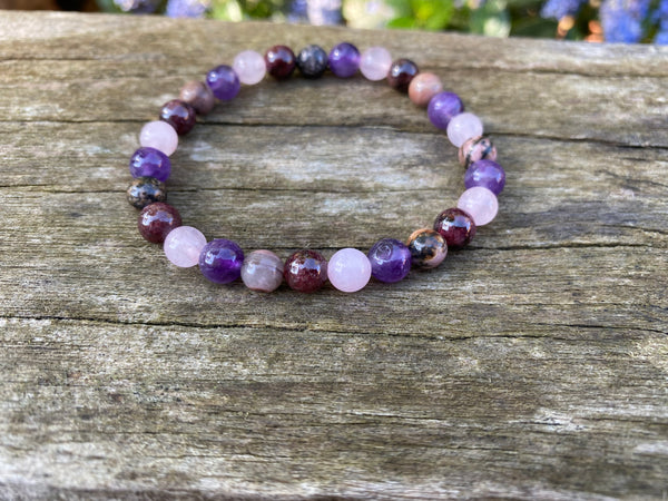 Bracelet élastique de Lithothérapie "Quatre protections" Quartz Rose, Grenat, Rhodonite Améthyste