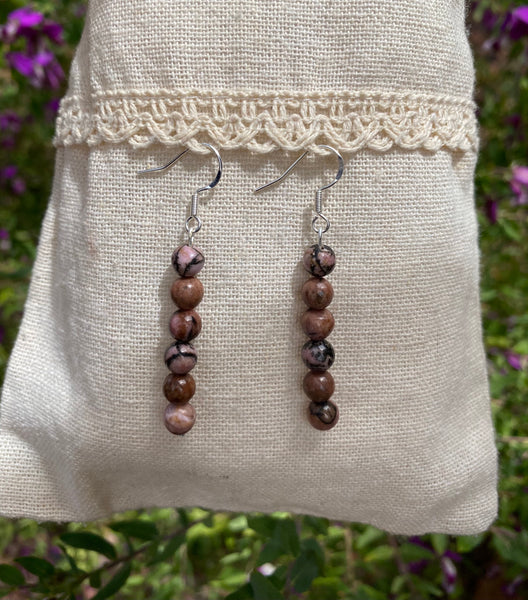 Boucles d'oreilles pendantes en Rhodonite naturelle