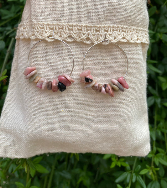 Boucles d'oreilles créoles en Rhodonite, perles chips