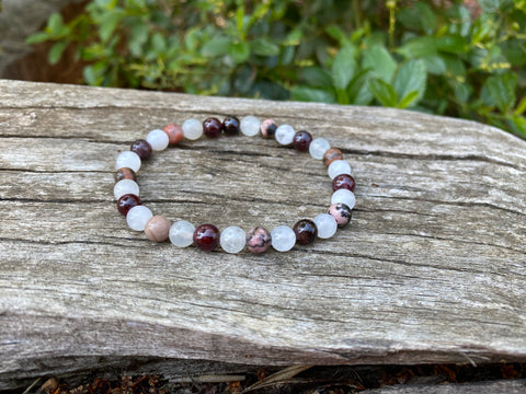 Bracelet élastique de Lithothérapie "Triple Protection" Pierre de Lune, Grenat et Rhodonite