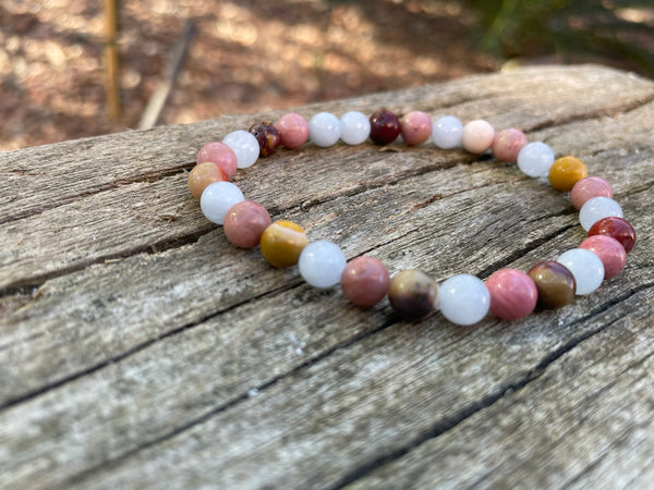 Bracelet spécial problèmes Thyroïdiens en Jaspe Mokaïte ou Mookaite, Rhodochrosite et Aigue Marine