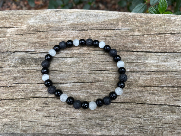Bracelet élastique de Lithothérapie "Triple Protection" Pierre de lune, Pierre de lave et Onyx