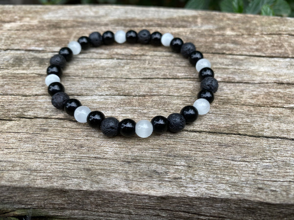 Bracelet élastique de Lithothérapie "Triple Protection" Pierre de lune, Pierre de lave et Onyx