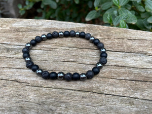 Bracelet élastique de Lithothérapie "Triple Protection" Pierre de lave, Hématite et Onyx noire