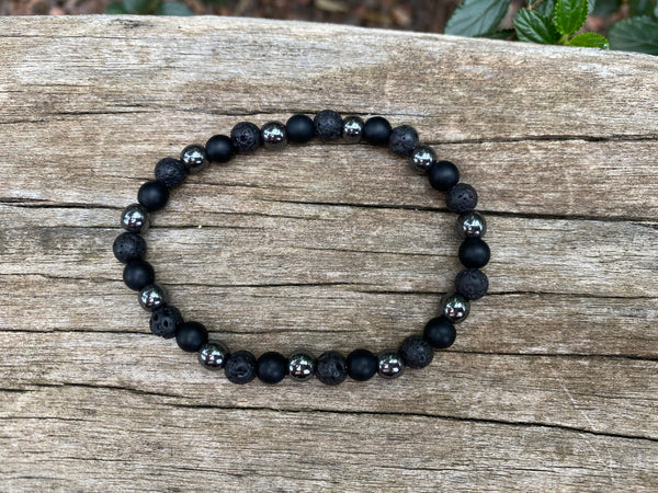 Bracelet élastique de Lithothérapie "Triple Protection" Pierre de lave, Hématite et Onyx noire