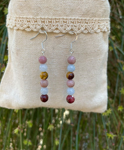 Boucles d'oreilles pendantes spéciales Thyroïde en Jaspe Mokaïte ou Mookaite, Rhodochrosite et Aigue Marine