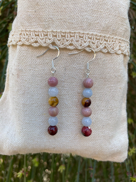 Boucles d'oreilles pendantes spéciales Thyroïde en Jaspe Mokaïte ou Mookaite, Rhodochrosite et Aigue Marine