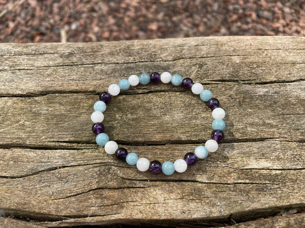 Bracelet spécial ménopause en Pierre de Lune, Améthyste et Calcédoine, Made in France