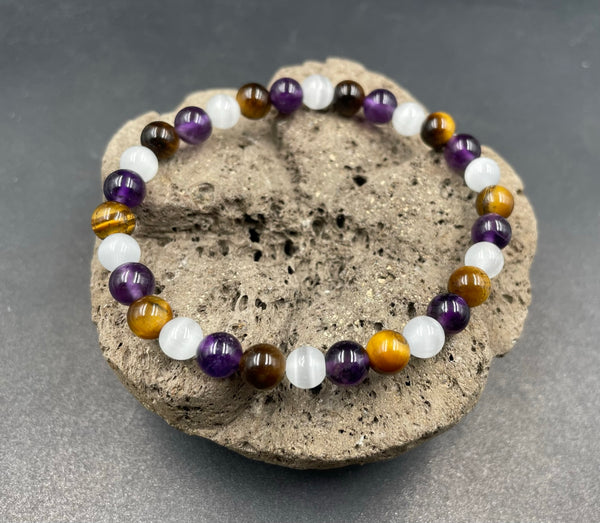 Bracelet de lithothérapie en Améthyste, Oeil de Tigre et Sélénite