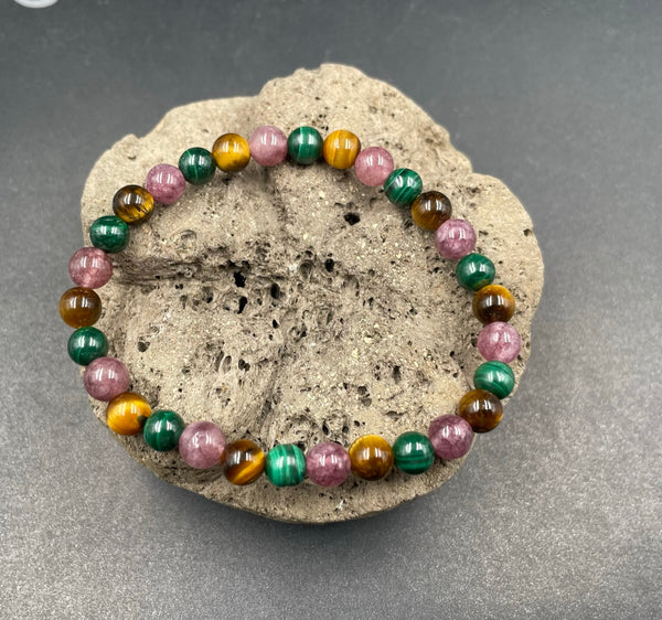 Bracelet spécial douleurs articulaires en Malachite, Lépidolite et Oeil de Tigre