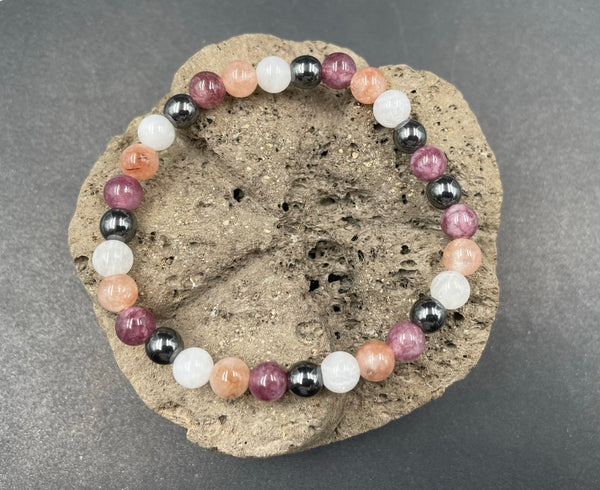Bracelet spécial Anxiété, dépression en Lépidolite, Pierre du Soleil, Hématite et Pierre de Lune
