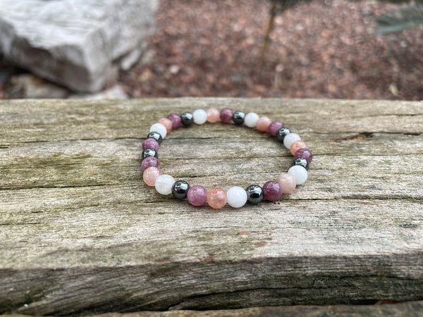 Bracelet spécial Anxiété, dépression en Lépidolite, Pierre du Soleil, Hématite et Pierre de Lune