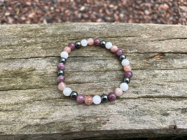 Bracelet spécial Anxiété, dépression en Lépidolite, Pierre du Soleil, Hématite et Pierre de Lune