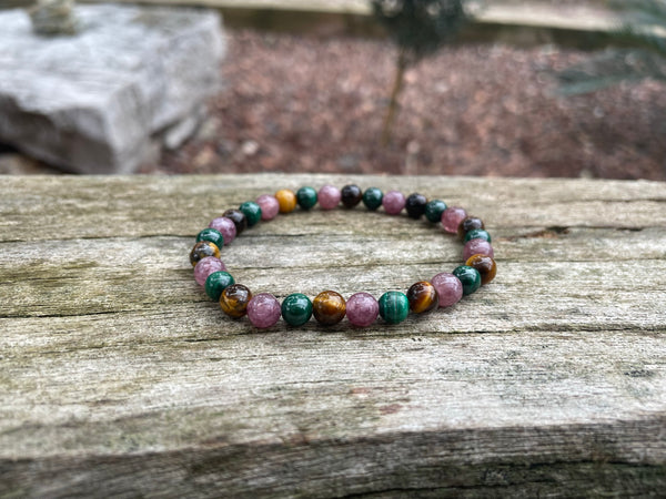 Bracelet spécial douleurs articulaires en Malachite, Lépidolite et Oeil de Tigre