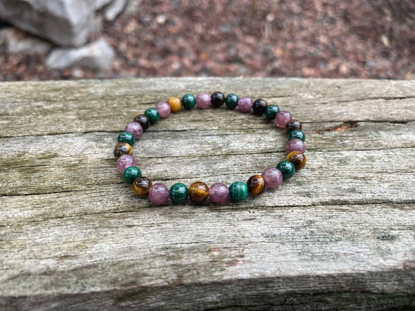 Bracelet spécial douleurs articulaires en Malachite, Lépidolite et Oeil de Tigre