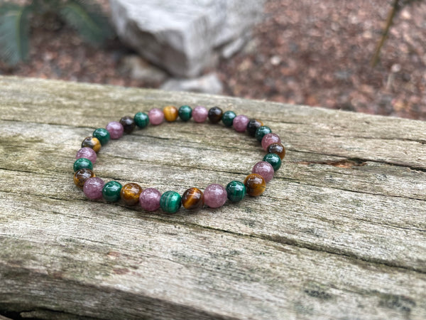 Bracelet spécial douleurs articulaires en Malachite, Lépidolite et Oeil de Tigre