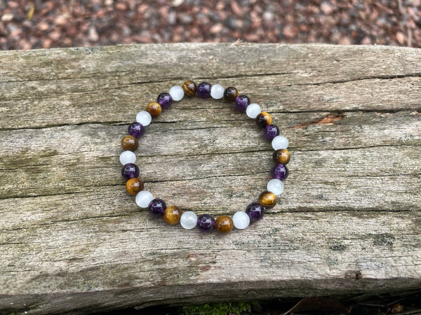 Bracelet de lithothérapie en Améthyste, Oeil de Tigre et Sélénite