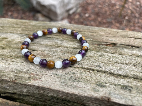 Bracelet de lithothérapie en Améthyste, Oeil de Tigre et Sélénite