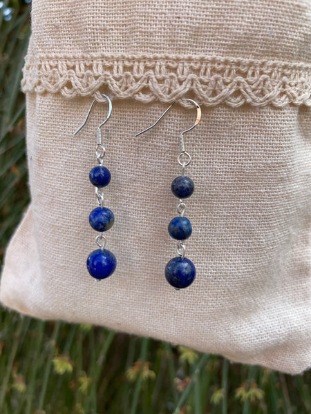 Boucles d'oreilles pendantes à 3 boules en Lapis Lazuli naturel