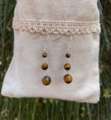 Boucles d'oreilles pendantes à 3 boules en Œil de Tigre naturel
