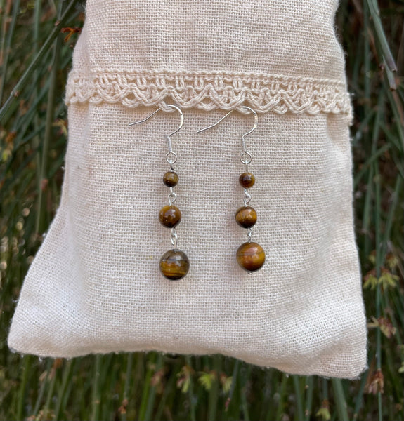 Boucles d'oreilles pendantes à 3 boules en Œil de Tigre naturel