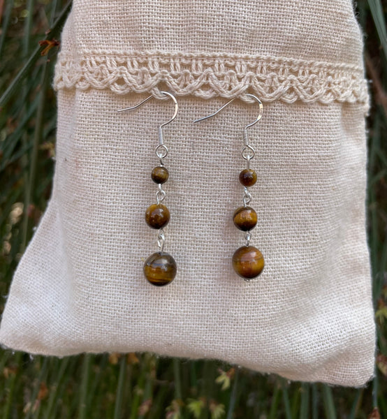 Boucles d'oreilles pendantes à 3 boules en Œil de Tigre naturel