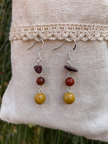 Boucles d'oreilles pendantes à 3 rangs en Jaspe Mokaïte ou Mookaite naturelle