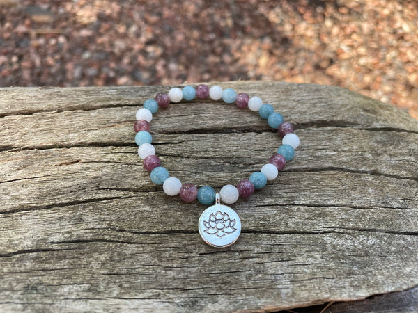 Bracelet spécial équilibre émotionnel Calcédoine, Lépidolite et Pierre de Lune