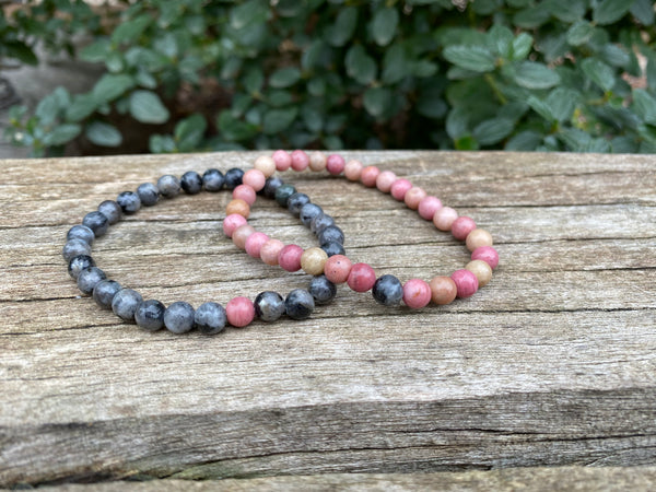 Bracelets élastiques de distance, de couple en Labradorite et rhodochrosite