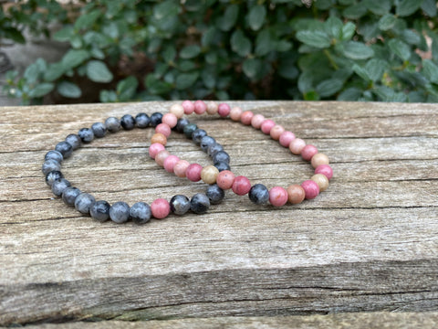 Bracelets élastiques de distance, de couple en Labradorite et rhodochrosite