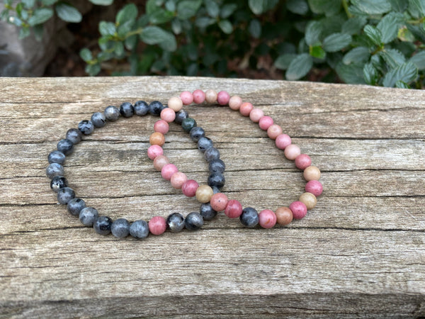 Bracelets élastiques de distance, de couple en Labradorite et rhodochrosite