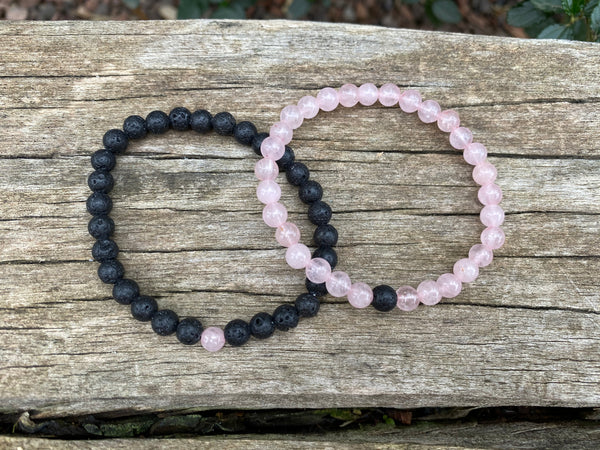 Bracelets élastiques de distance, de couple en Pierre de lave et Quartz Rose