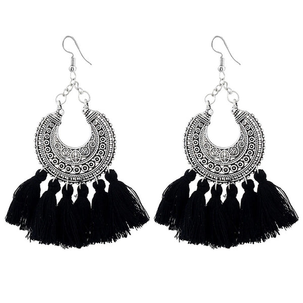 Boucles d'oreilles bohèmes orientales en dentelle d'argent et pompons